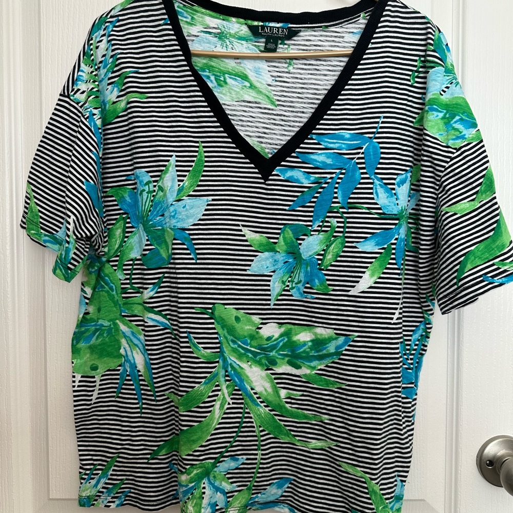 Ralph Lauren Black and White Striped Top with Blue and Green Floral Size L